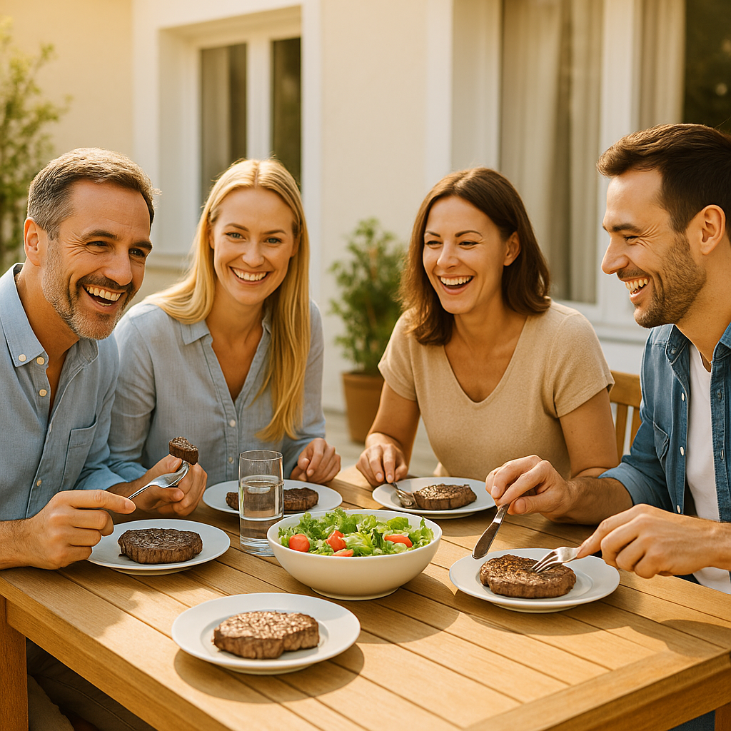Group enjoying a steak dinner together — real food, real people, carnivore and keto-friendly meals.
