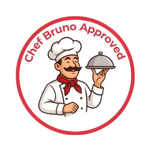 Image of red circle with Chef holding meal tray up with text overlay Chef Bruno Approved