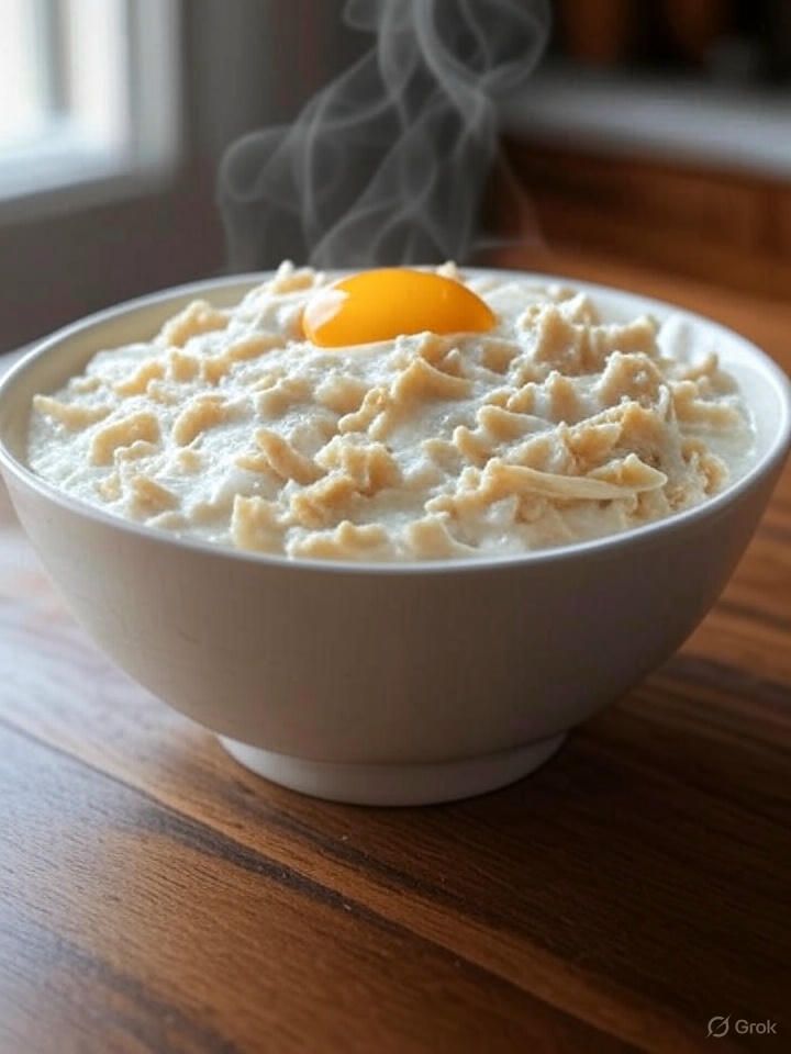 Creamy, cheesy carnivore or keto alfredo bowl, great for lefovers. Steaming hot with an egg yolk topper.