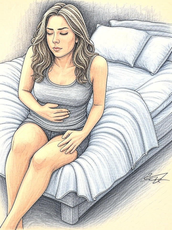 Woman holding her stomach sitting on side of bed